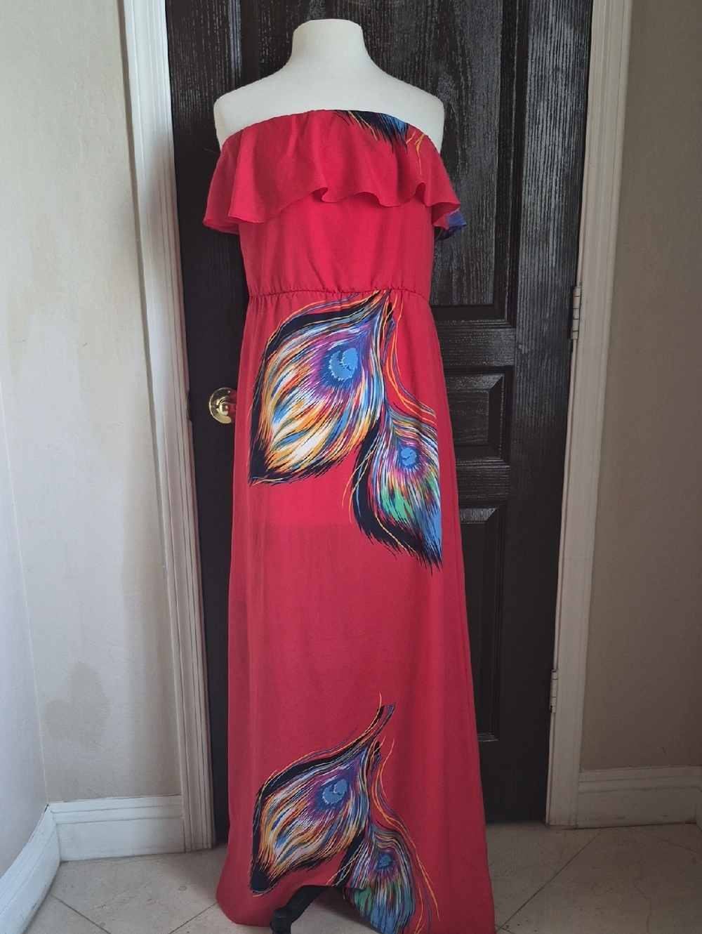 Auditions Coral Off-Shoulder Maxi Dress with Peacock Feather Motif